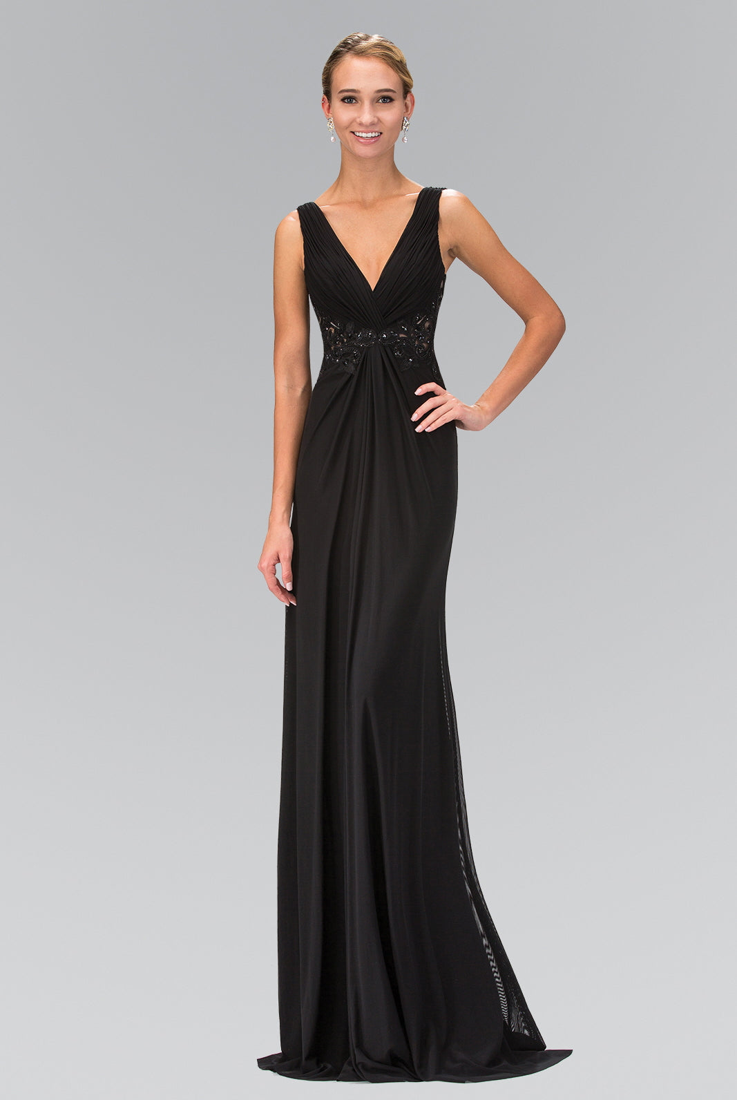 Empire Waist V-Neck Ruched Long Dress with Lace Back-smcdress
