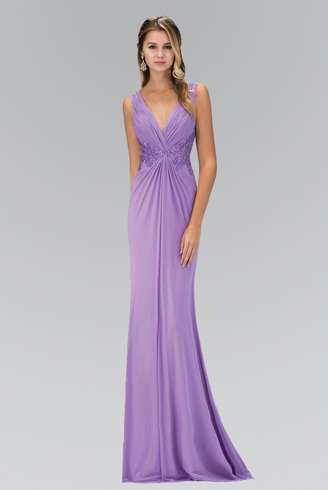 Empire Waist V-Neck Ruched Long Dress with Lace Back-smcdress