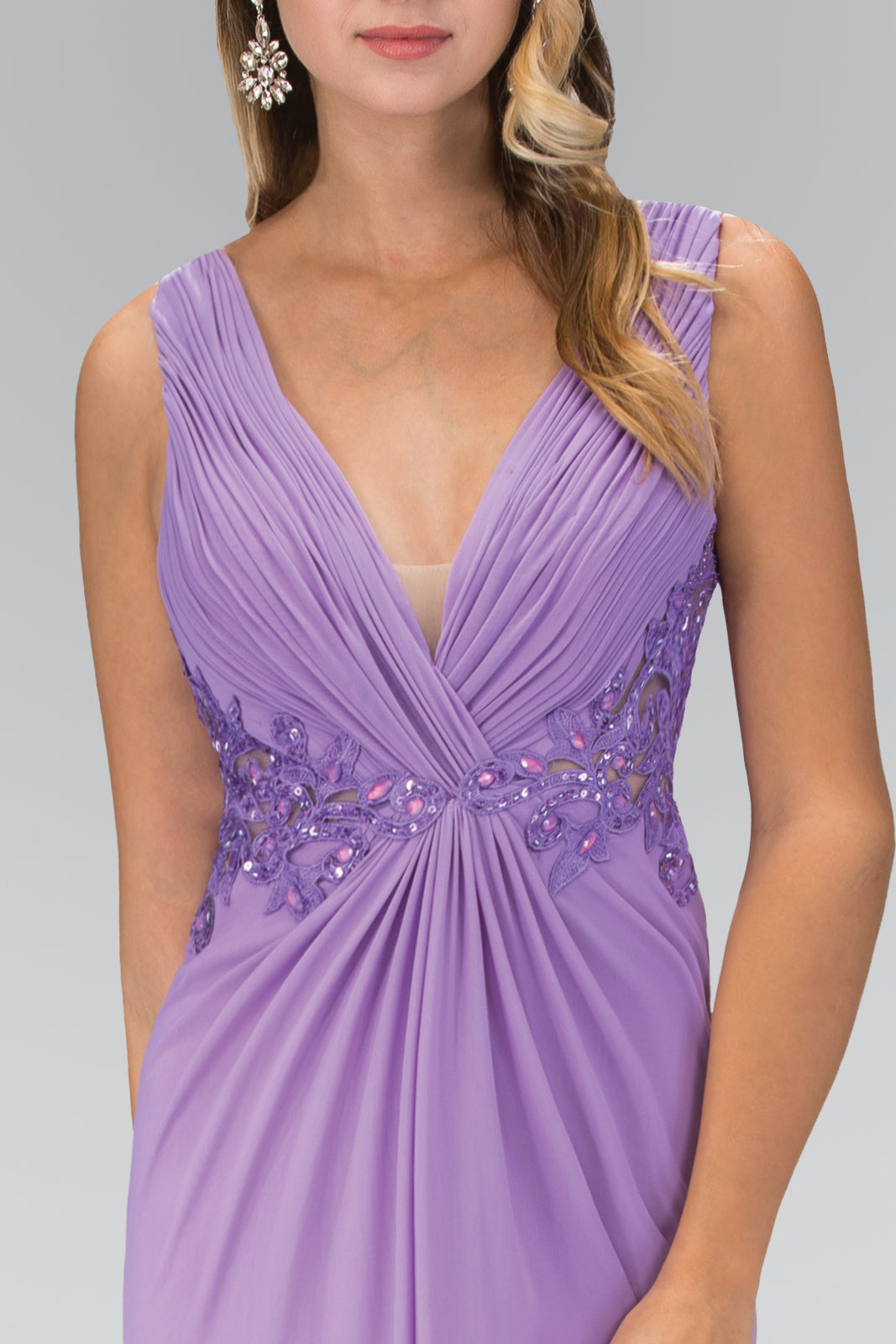 Empire Waist V-Neck Ruched Long Dress with Lace Back-smcdress
