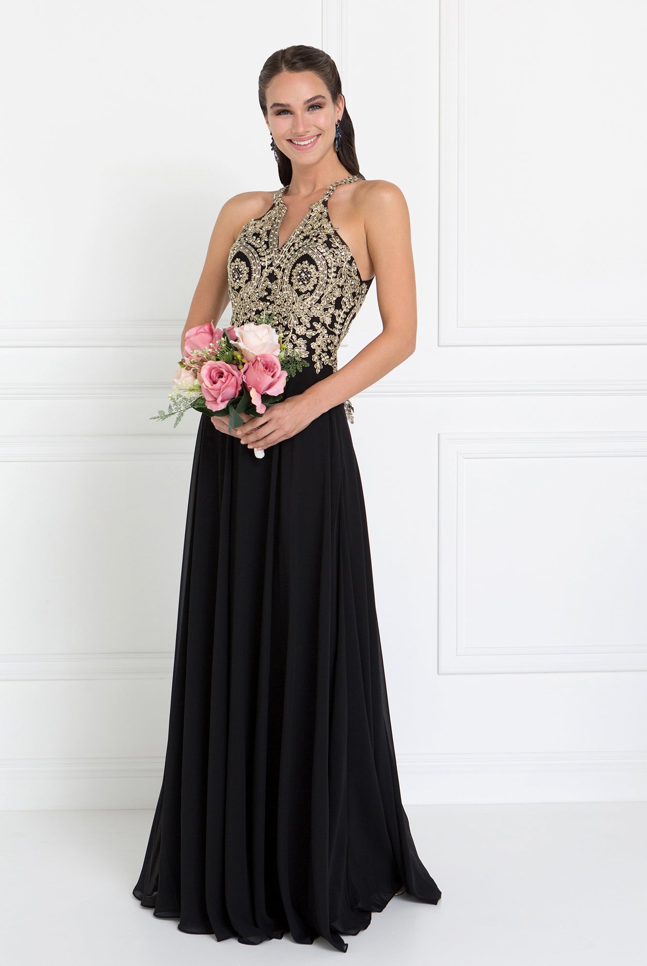 Chiffon Deep V-Back Dress Accented with Embroidery-smcdress
