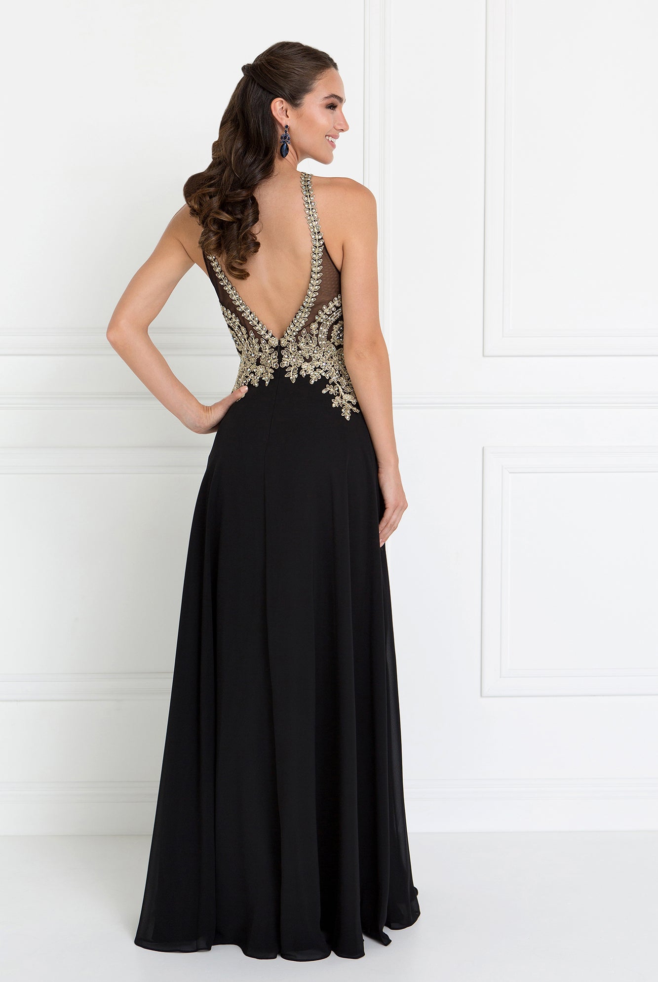 Chiffon Deep V-Back Dress Accented with Embroidery-smcdress