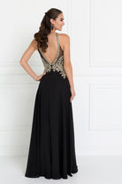 Chiffon Deep V-Back Dress Accented with Embroidery-smcdress