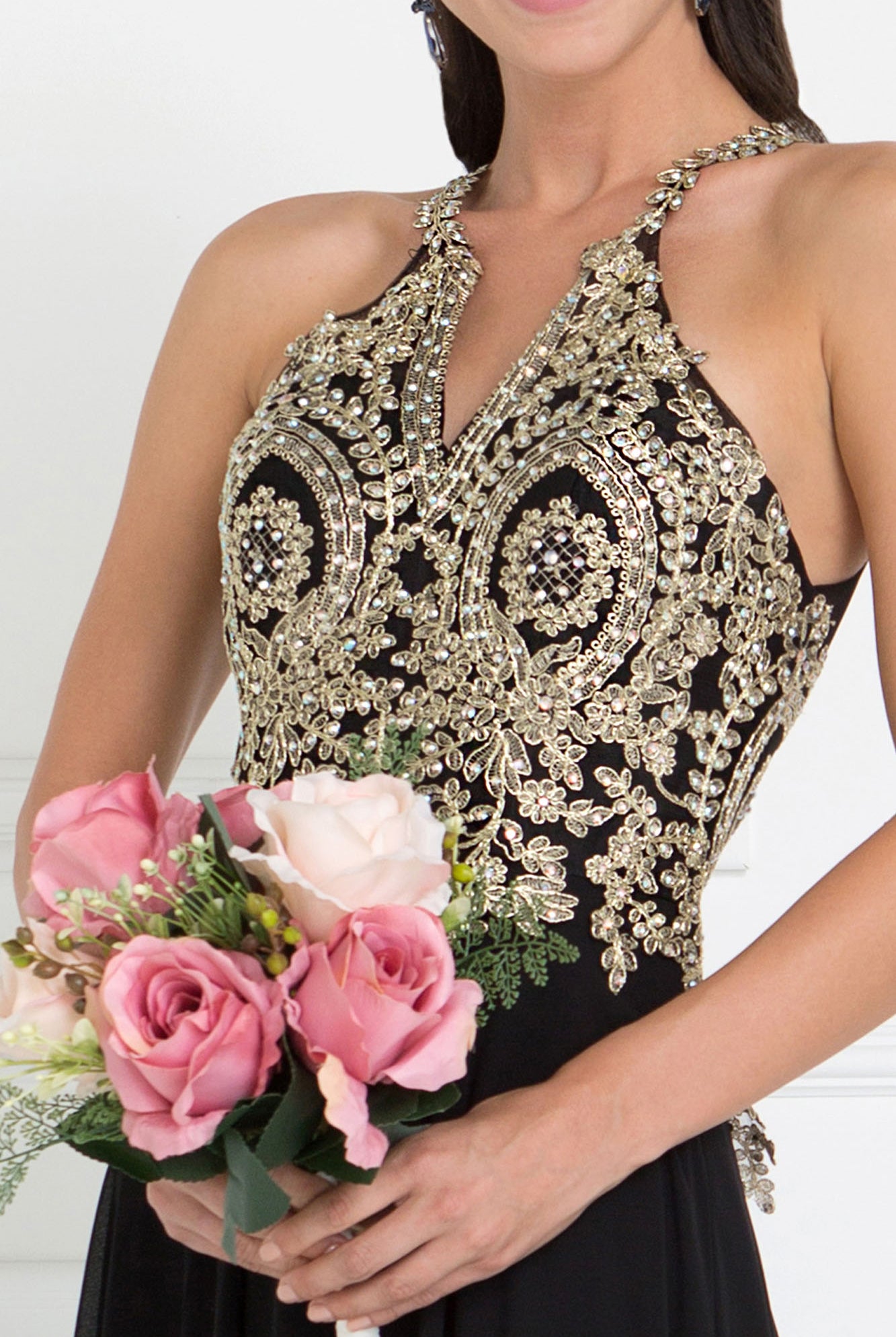Chiffon Deep V-Back Dress Accented with Embroidery-smcdress