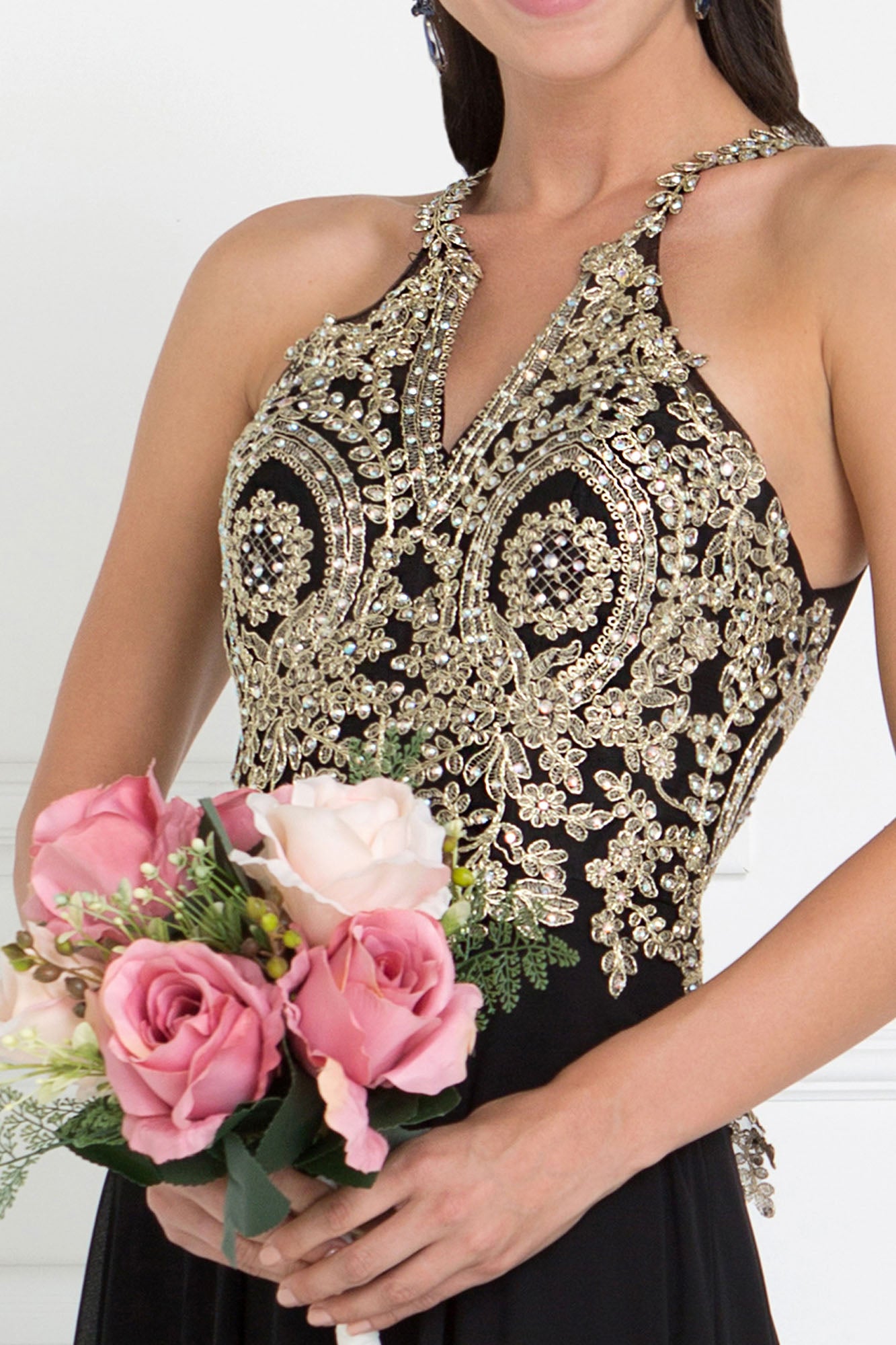Chiffon Deep V-Back Dress Accented with Embroidery-smcdress