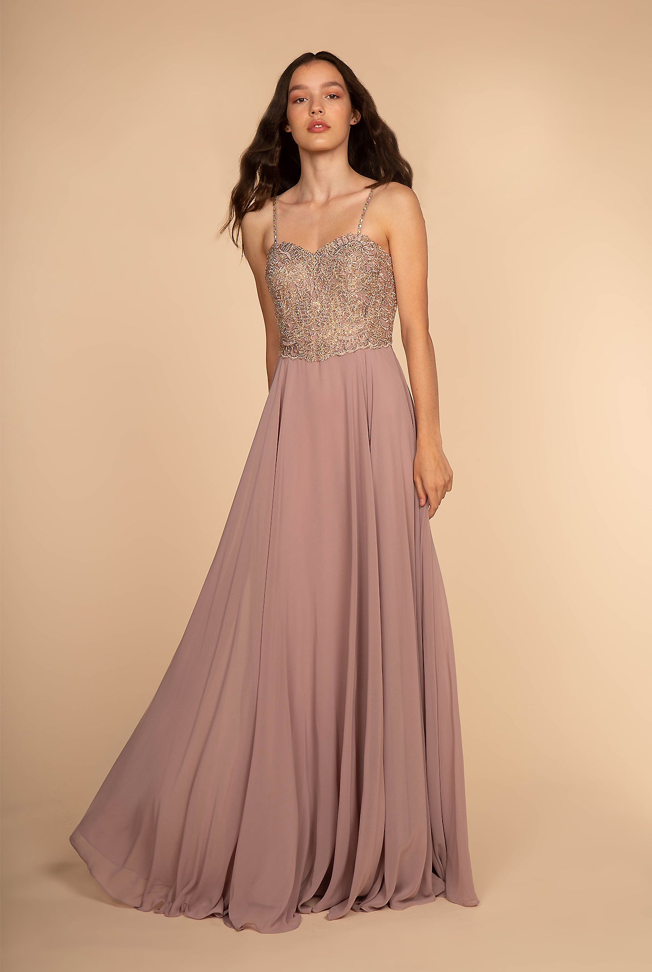 Chiffon Long Dress with Jewels Embellished-smcdress