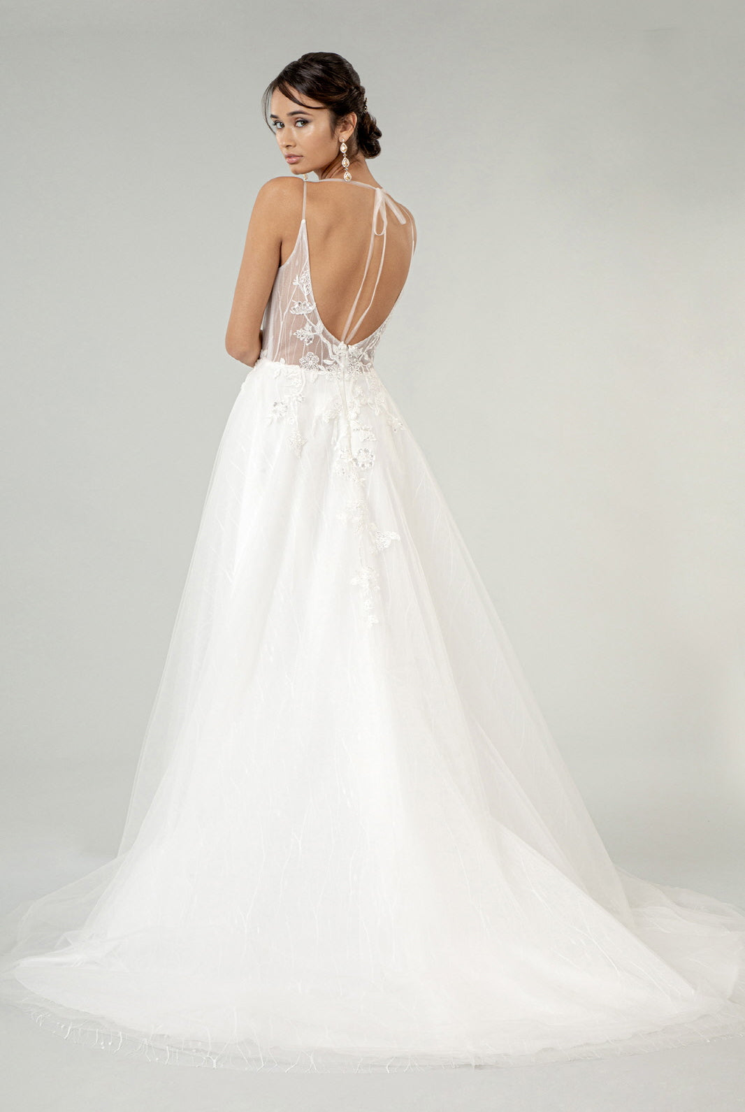 Embroidered Sheer Bodice V-Neck Wedding Gown with Tail-smcdress