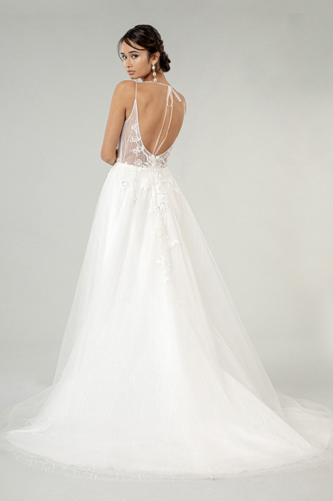 Embroidered Sheer Bodice V-Neck Wedding Gown with Tail-smcdress