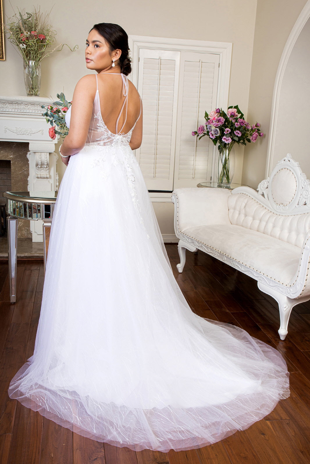 Embroidered Sheer Bodice V-Neck Wedding Gown with Tail-smcdress