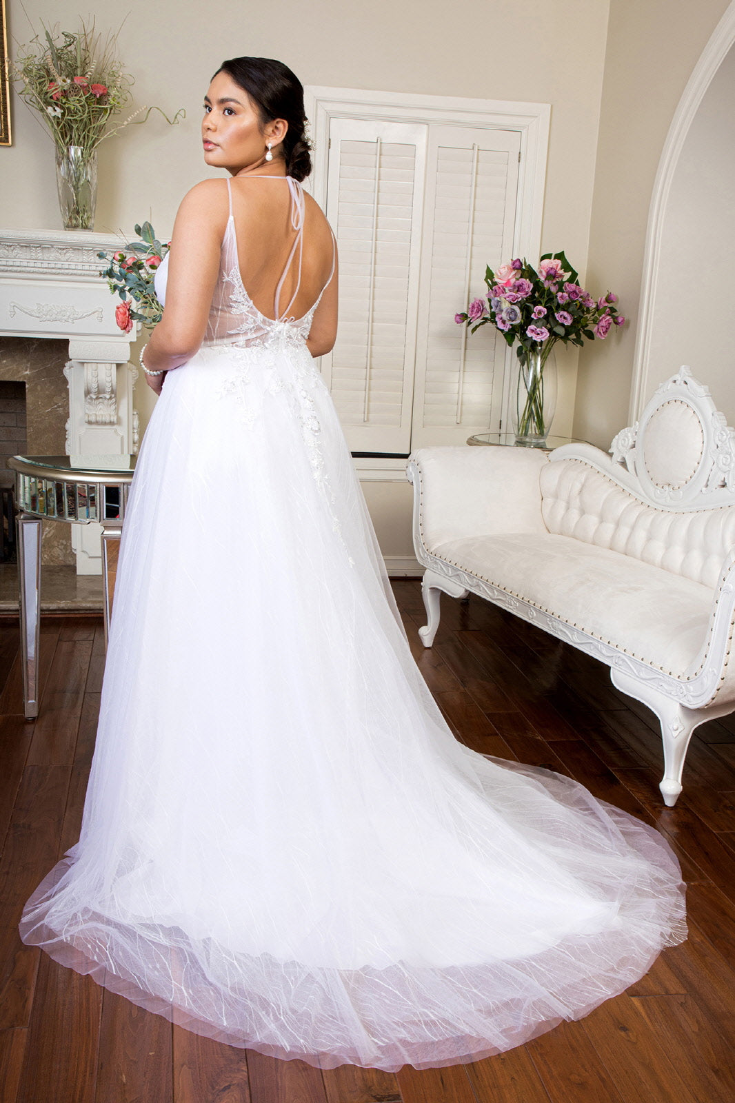Embroidered Sheer Bodice V-Neck Wedding Gown with Tail-smcdress