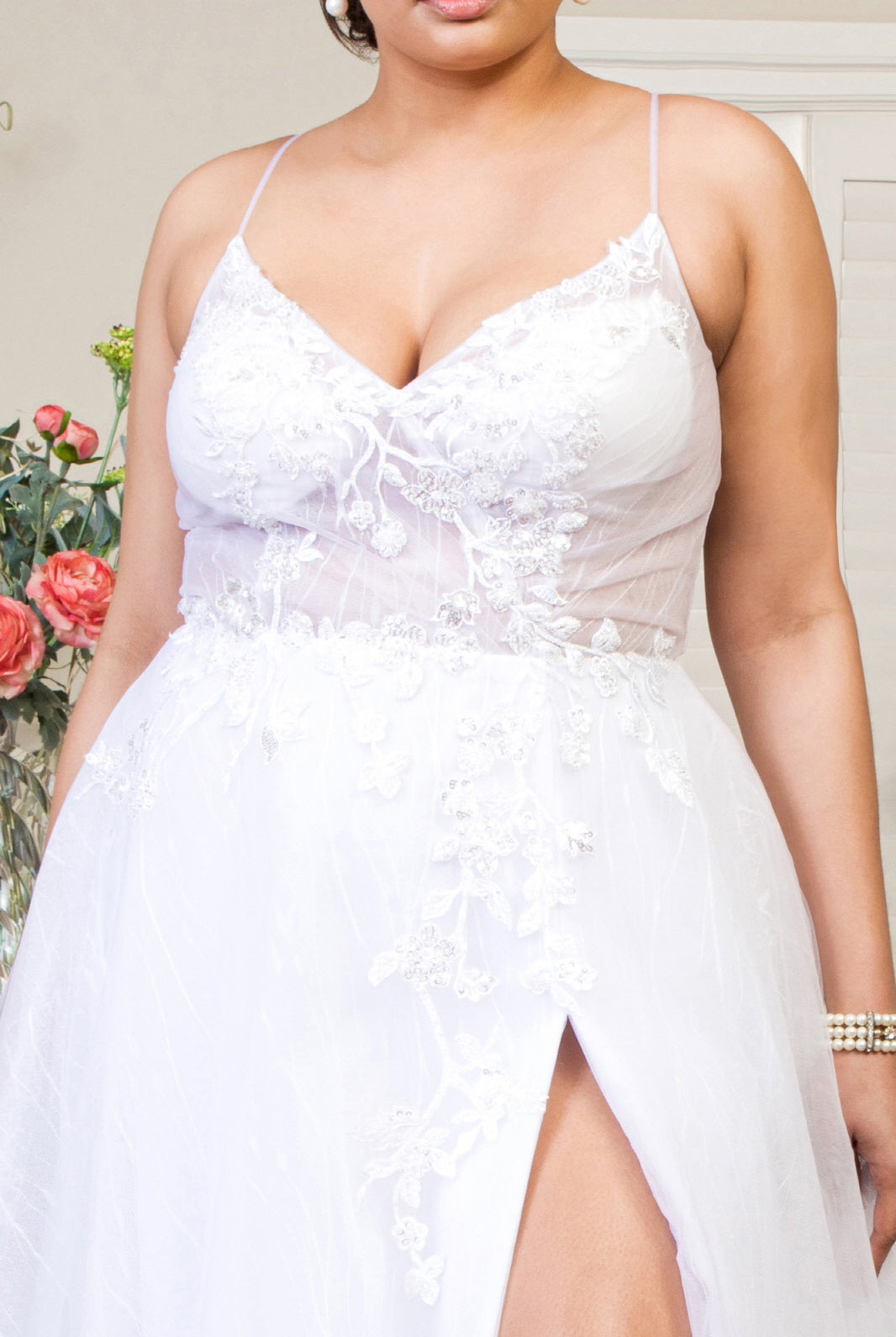 Embroidered Sheer Bodice V-Neck Wedding Gown with Tail-smcdress