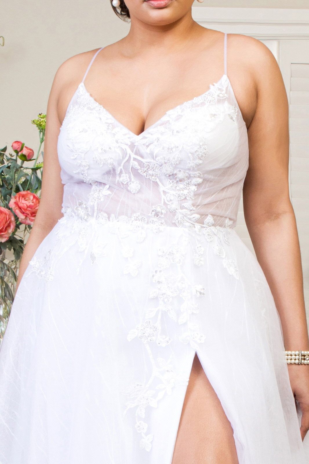 Embroidered Sheer Bodice V-Neck Wedding Gown with Tail-smcdress