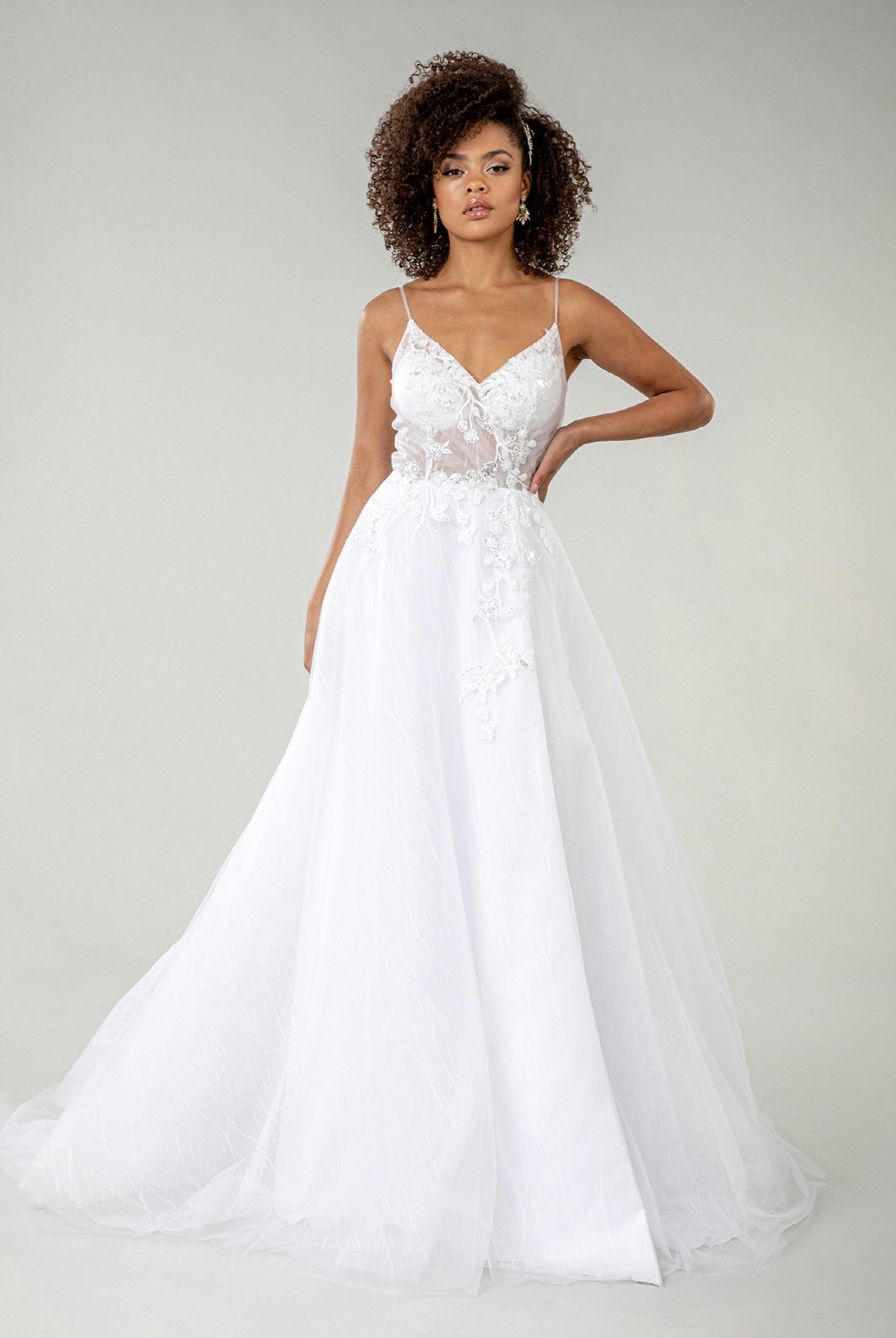 Embroidered Sheer Bodice V-Neck Wedding Gown with Tail-smcdress