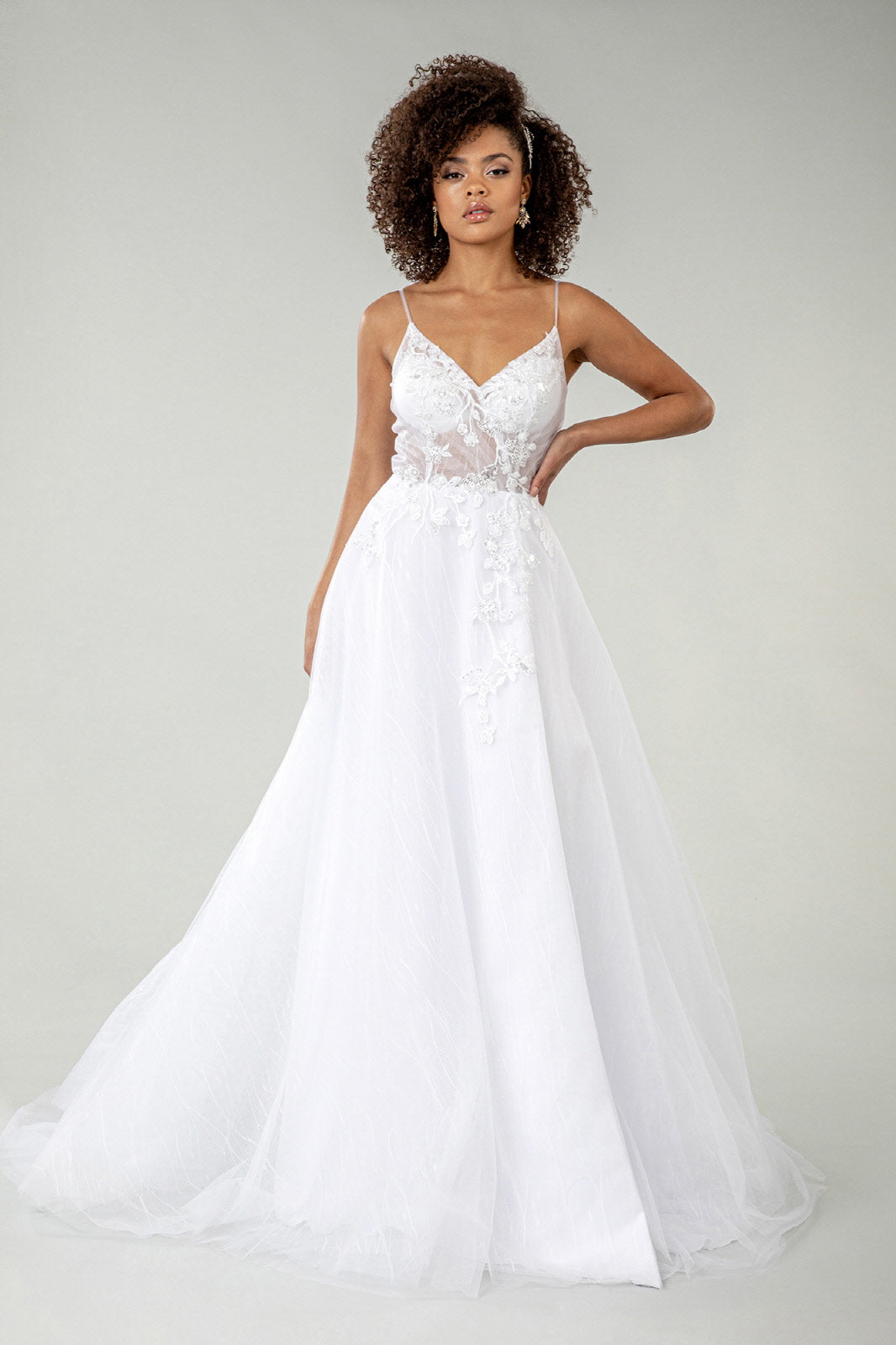 Embroidered Sheer Bodice V-Neck Wedding Gown with Tail-smcdress