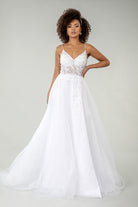 Embroidered Sheer Bodice V-Neck Wedding Gown with Tail-smcdress