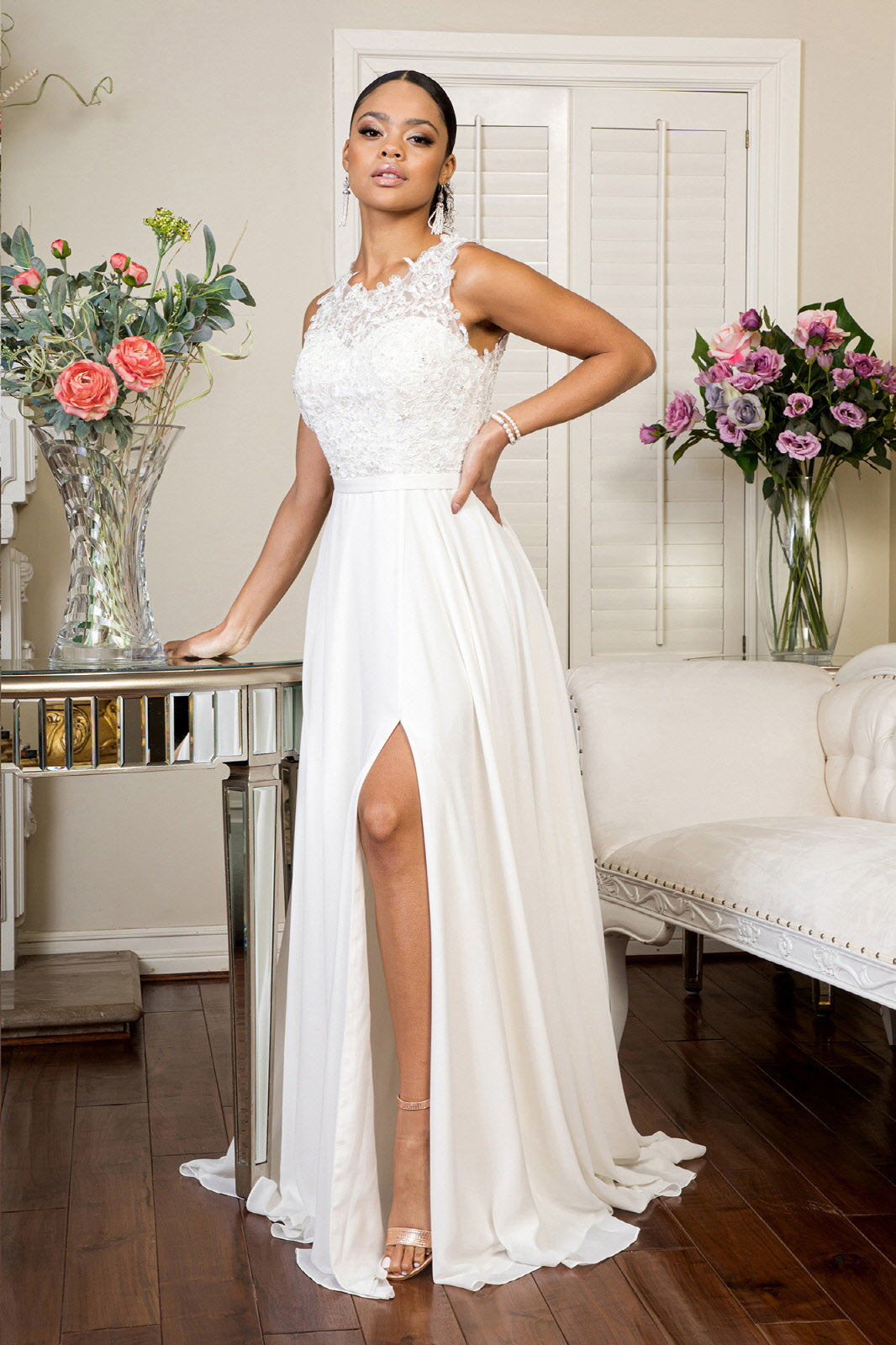 Embroidered Bodice Chiffon Long Dress Sheer Back-smcdress