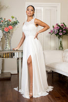 Embroidered Bodice Chiffon Long Dress Sheer Back-smcdress