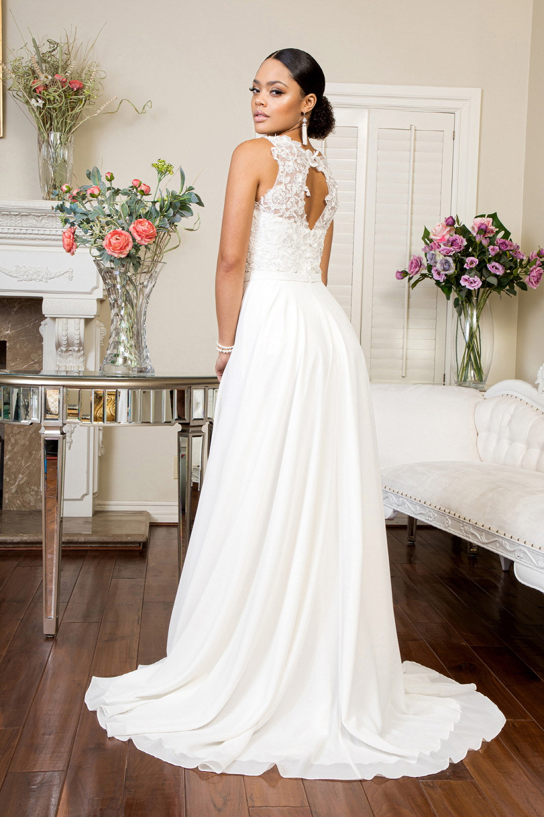 Embroidered Bodice Chiffon Long Dress Sheer Back-smcdress