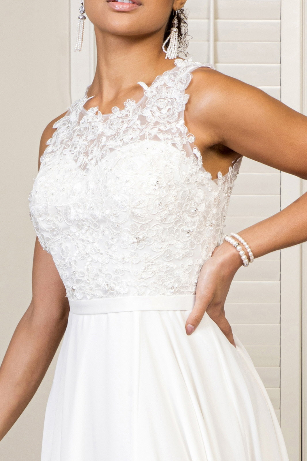 Embroidered Bodice Chiffon Long Dress Sheer Back-smcdress