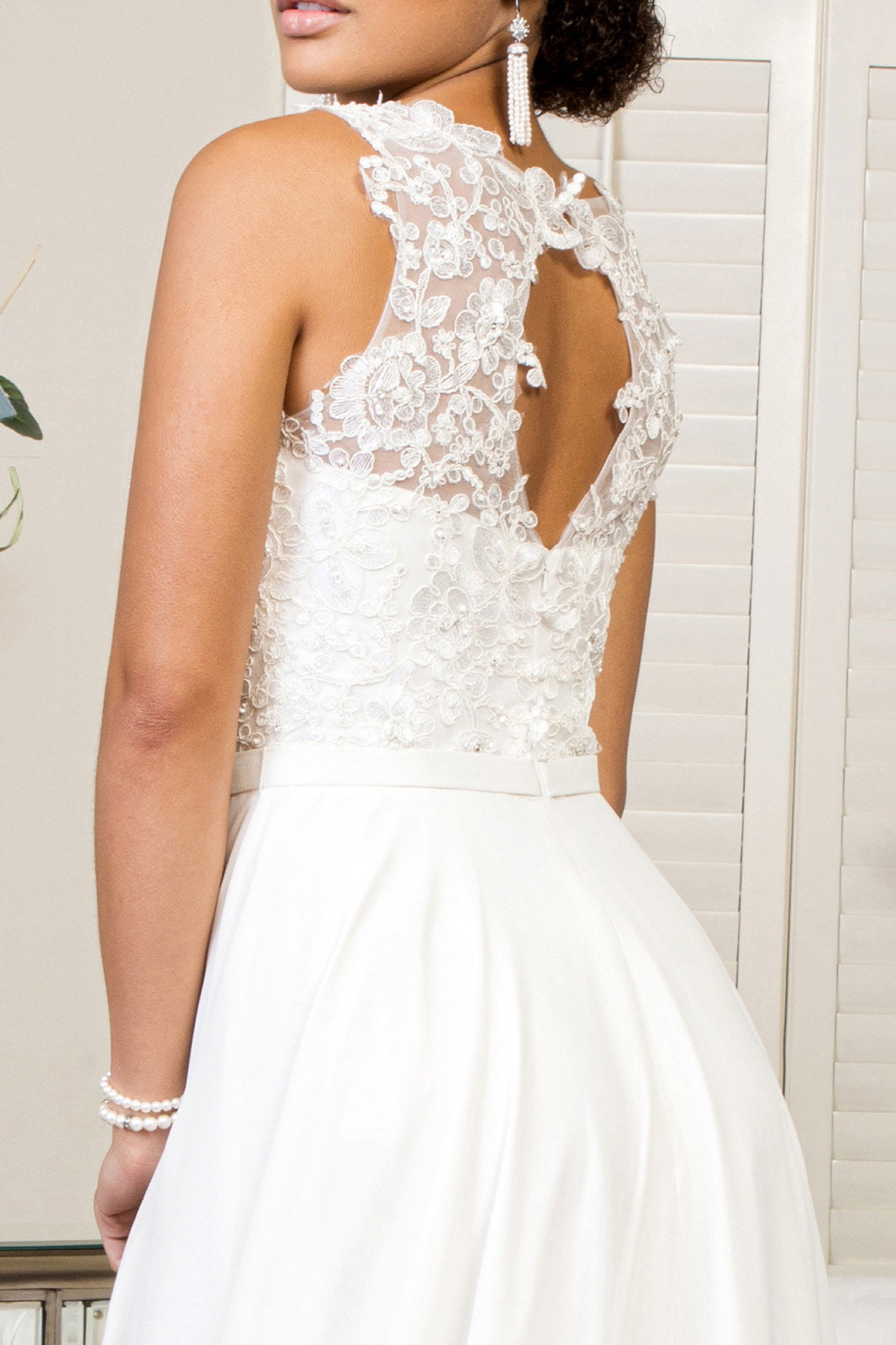Embroidered Bodice Chiffon Long Dress Sheer Back-smcdress