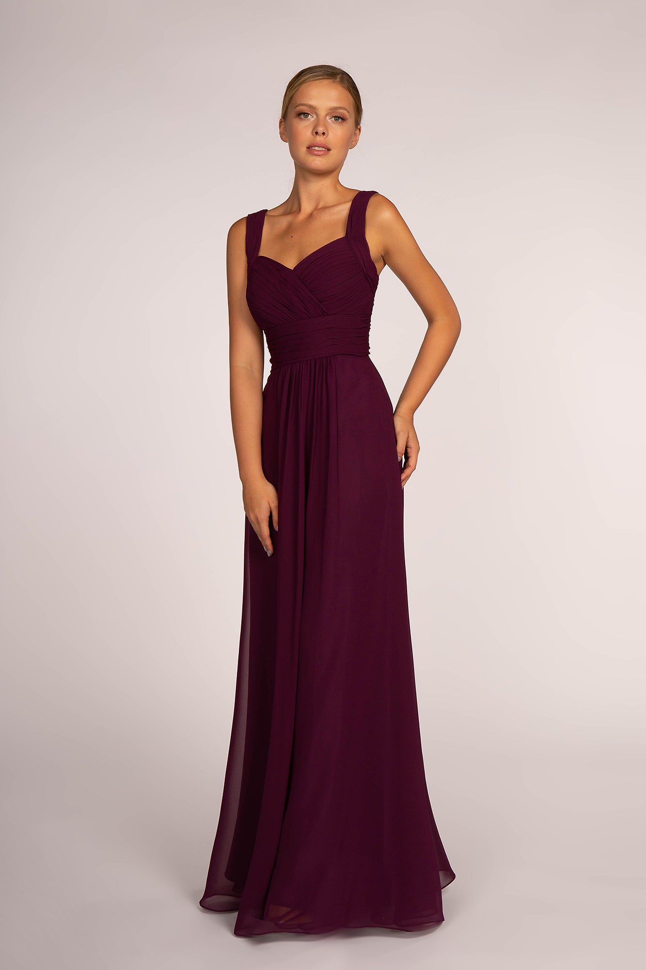 Chiffon Ruched-Bodice A-Line Long Dress-smcdress