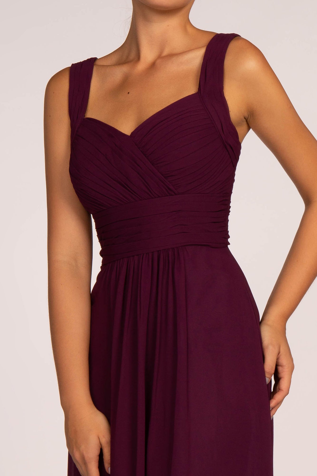 Chiffon Ruched-Bodice A-Line Long Dress-smcdress