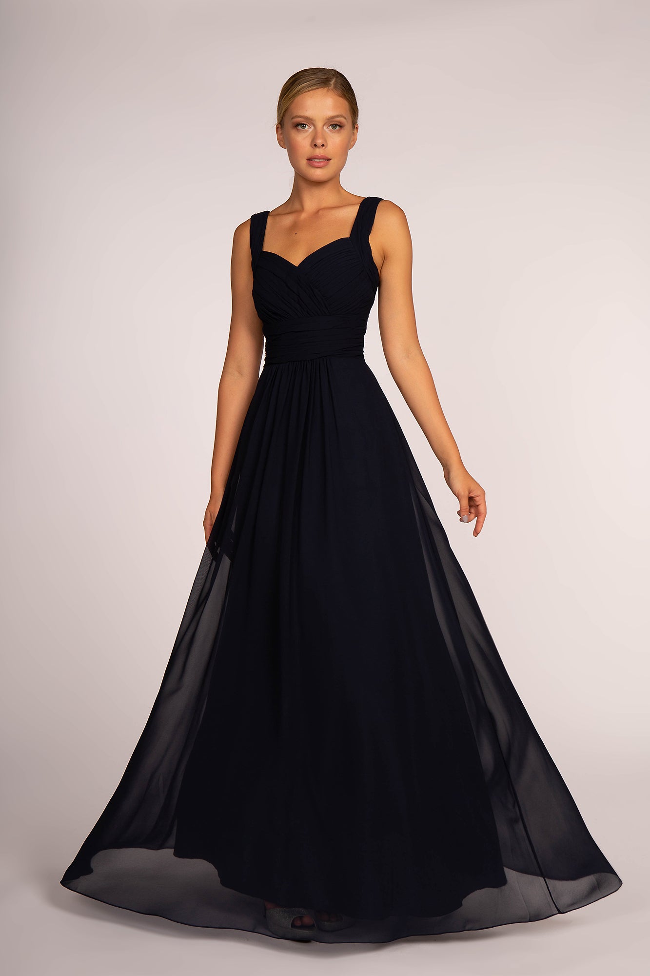 Chiffon Ruched-Bodice A-Line Long Dress-smcdress