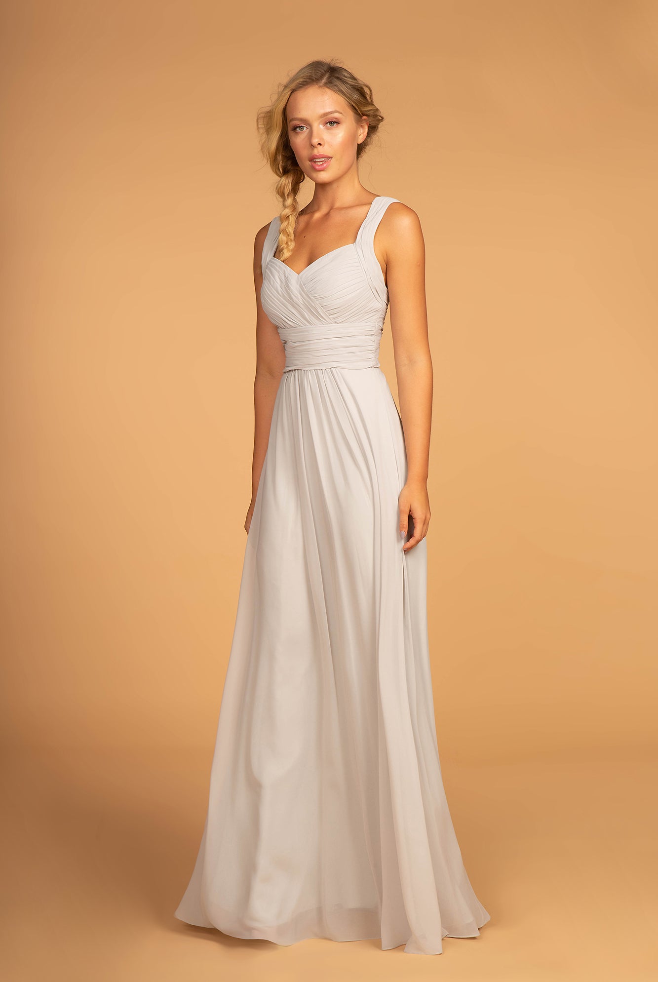 Chiffon Ruched-Bodice A-Line Long Dress-smcdress