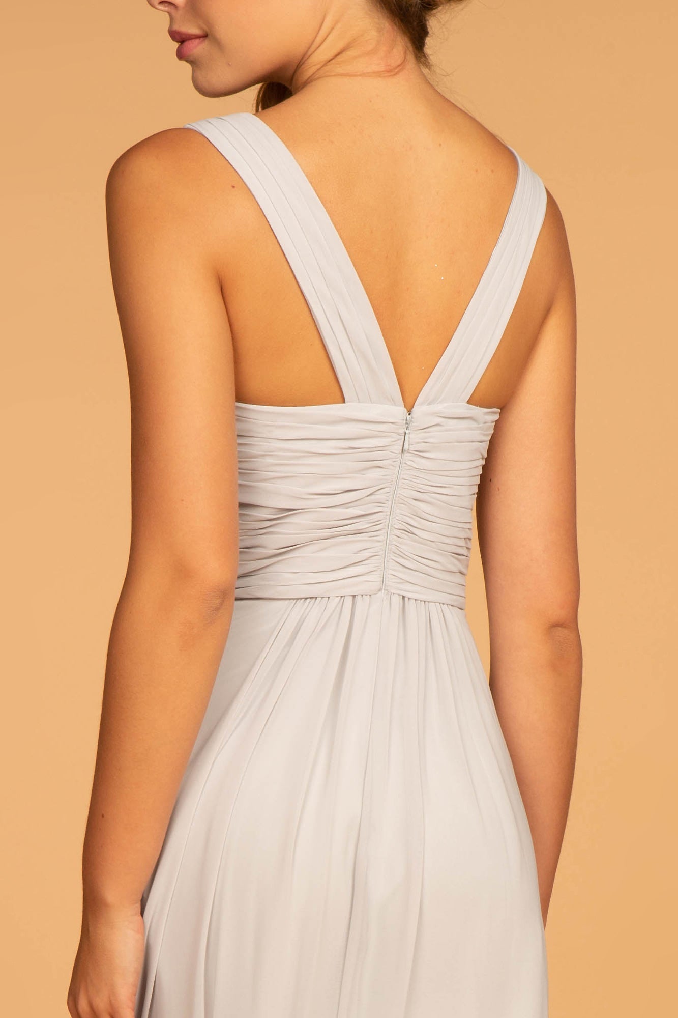 Chiffon Ruched-Bodice A-Line Long Dress-smcdress