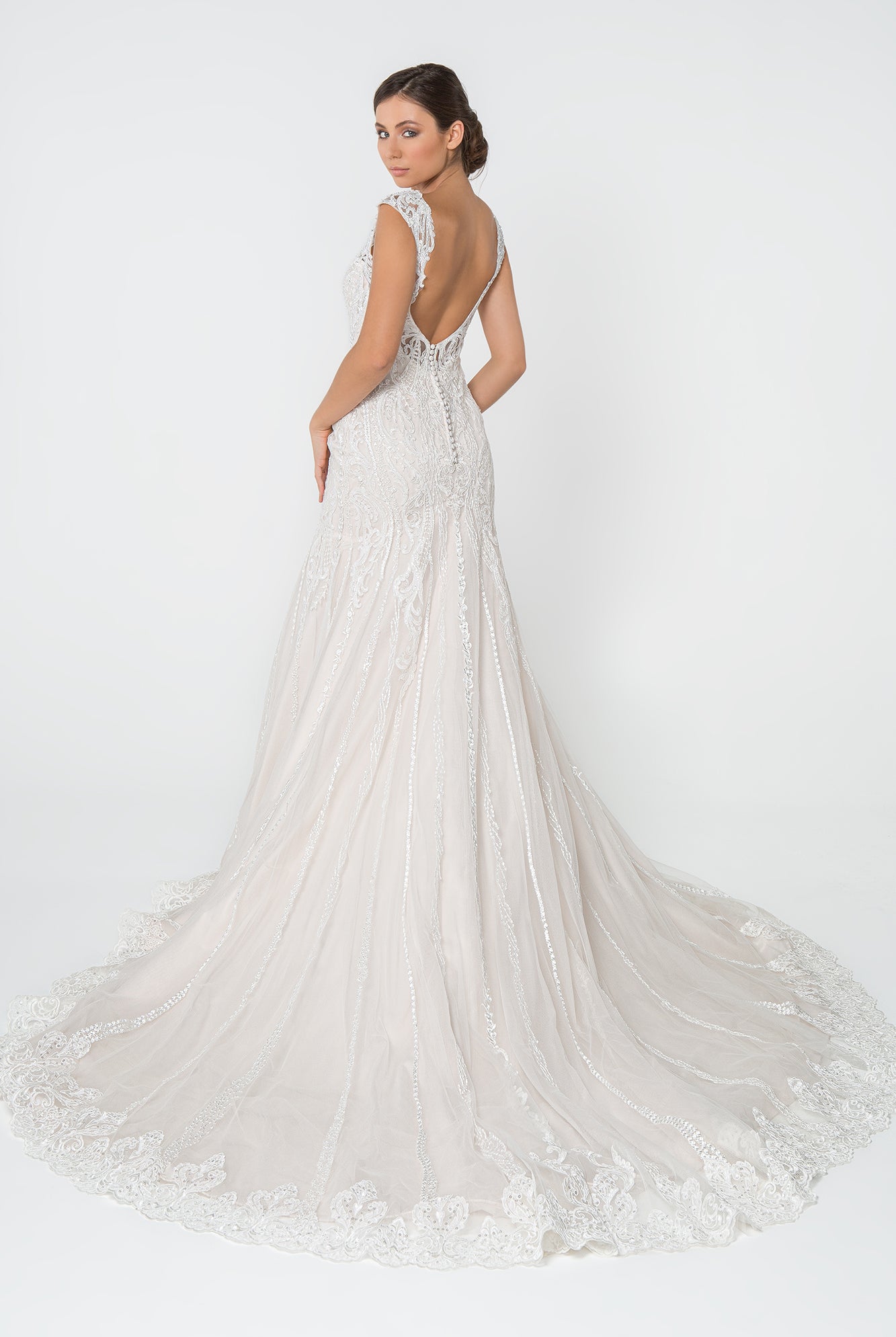 Lace Embellished Deep V-Neck Wedding Gown U-Back GLGL2821-smcdress