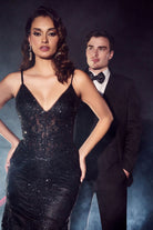 Luxury V-neck Gown with Sheer Corset & Floral Glitter Print-smcdress