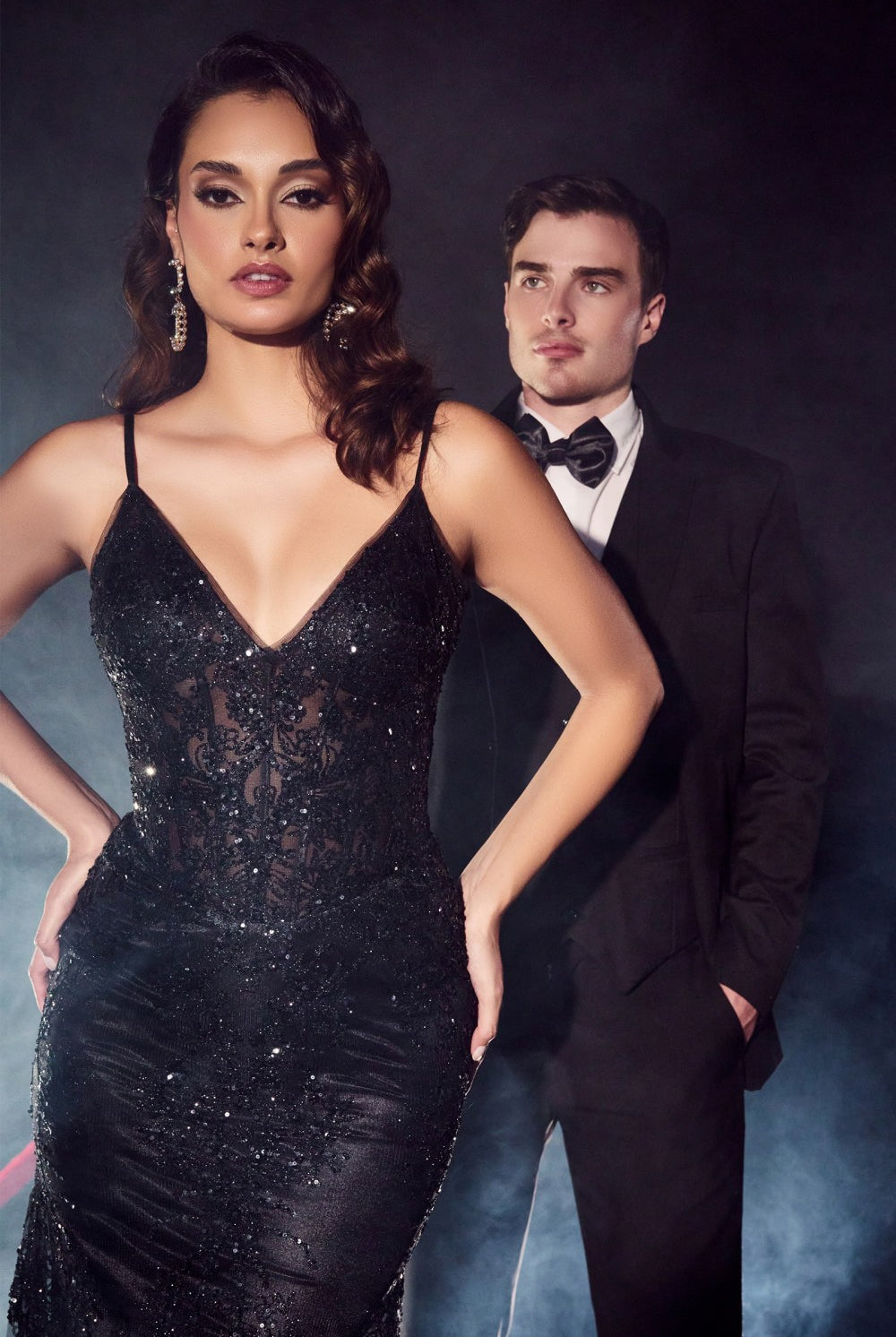 Luxury Gown with a Fitted Floral Glitter Print, Sheer Structured Corset, and V-neck-smcdress