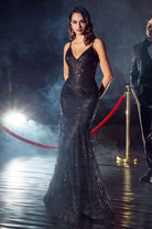 Luxury V-neck Gown with Sheer Corset & Floral Glitter Print-smcdress