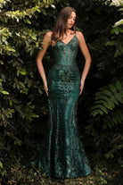 Luxury V-neck Gown with Sheer Corset & Floral Glitter Print-smcdress