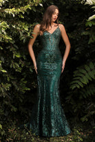 Luxury Gown with a Fitted Floral Glitter Print, Sheer Structured Corset, and V-neck-smcdress