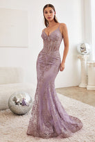 Luxury V-neck Gown with Sheer Corset & Floral Glitter Print-smcdress