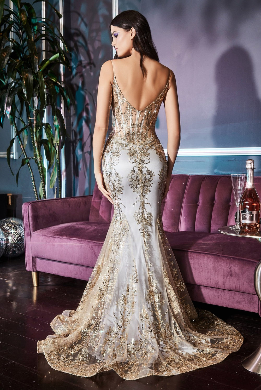 Luxury Gown with a Fitted Floral Glitter Print, Sheer Structured Corset, and V-neck-smcdress