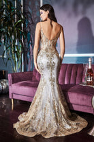 Luxury V-neck Gown with Sheer Corset & Floral Glitter Print-smcdress