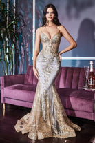 Luxury V-neck Gown with Sheer Corset & Floral Glitter Print-smcdress