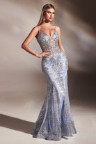 Luxury V-neck Gown with Sheer Corset & Floral Glitter Print-smcdress