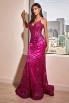Luxury V-neck Gown with Sheer Corset & Floral Glitter Print-smcdress