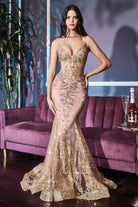 Luxury V-neck Gown with Sheer Corset & Floral Glitter Print-smcdress