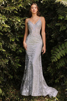 Luxury V-neck Gown with Sheer Corset & Floral Glitter Print-smcdress