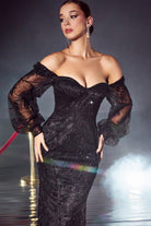 Elegant gown with long sleeves, off-shoulder bodice embellished with sequins and flowers-smcdress