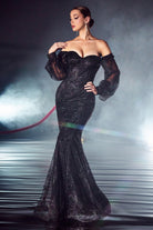 Elegant gown with long sleeves, off-shoulder bodice embellished with sequins and flowers-smcdress