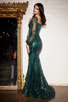 Elegant gown with long sleeves, off-shoulder bodice embellished with sequins and flowers-smcdress