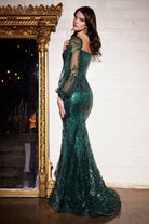 Vintage Mermaid Gown: Long Sleeves, Off Shoulder, Bodice Embellished with Sequin & Flowers-smcdress