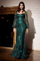 Elegant gown with long sleeves, off-shoulder bodice embellished with sequins and flowers-smcdress