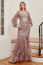 Vintage Mermaid Gown: Long Sleeves, Off Shoulder, Bodice Embellished with Sequin & Flowers-smcdress