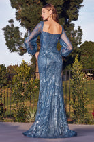 Elegant gown with long sleeves, off-shoulder bodice embellished with sequins and flowers-smcdress