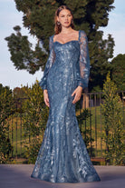 Elegant gown with long sleeves, off-shoulder bodice embellished with sequins and flowers-smcdress